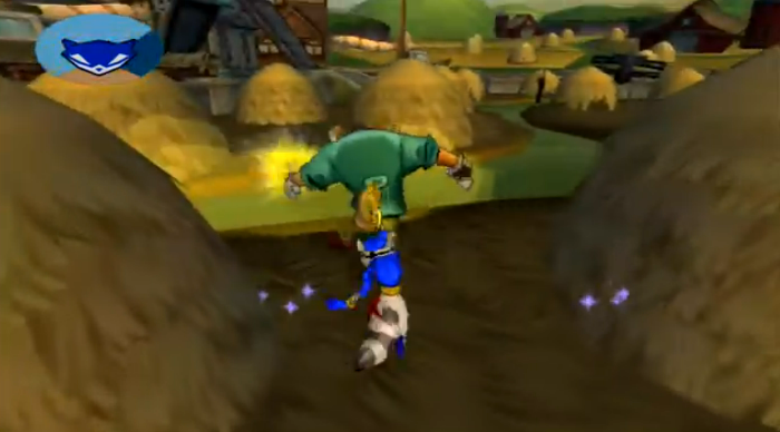 A screenshot of Sly Cooper 3. Sly is picking a pocket.